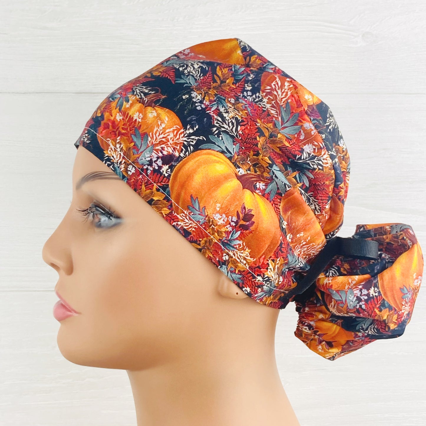Pumpkins and Leaves Ponytail Hat
