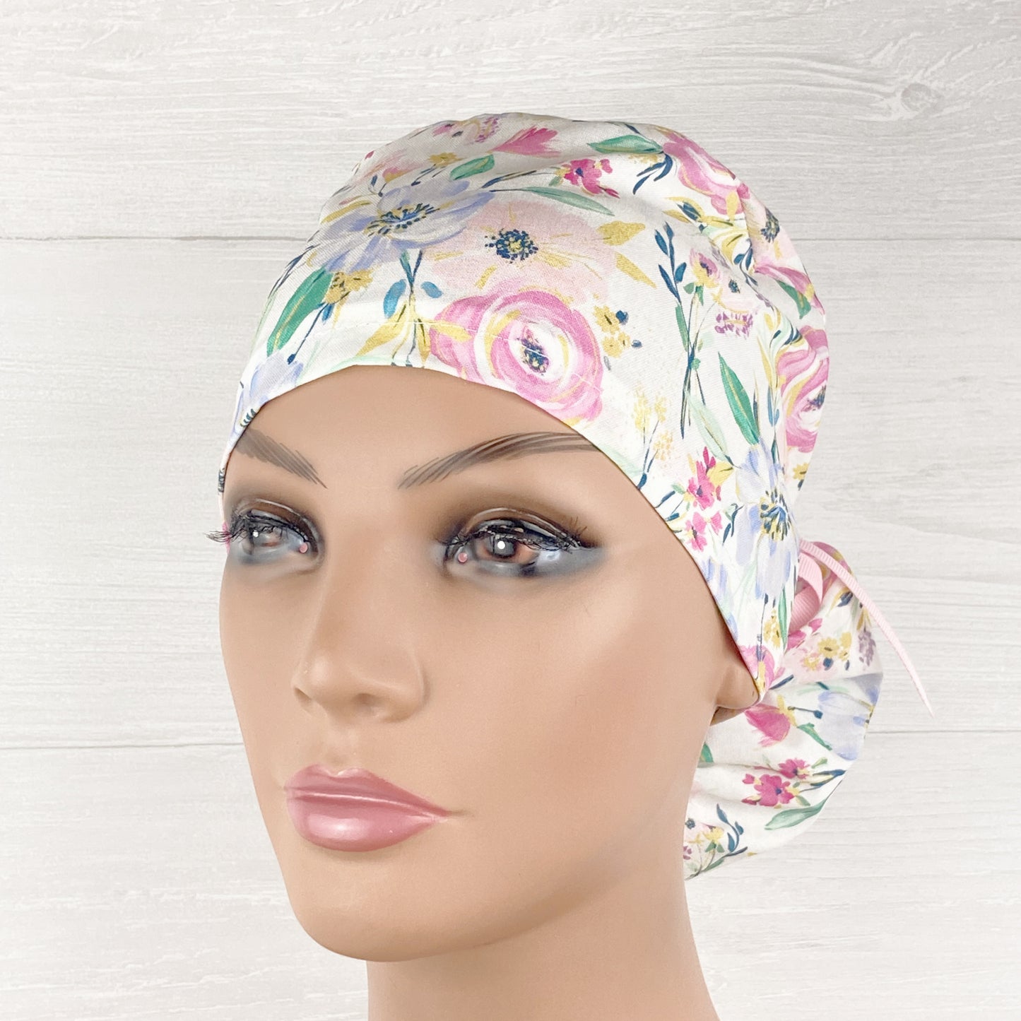 White Spring Floral Ponytail Scrub Hat