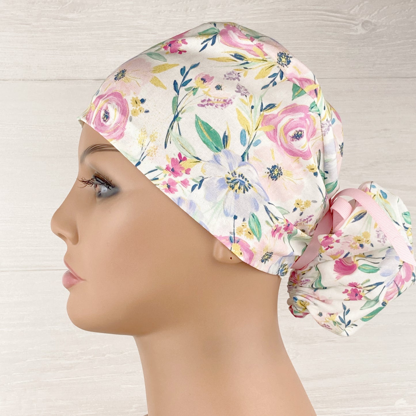 White Spring Floral Ponytail Scrub Hat