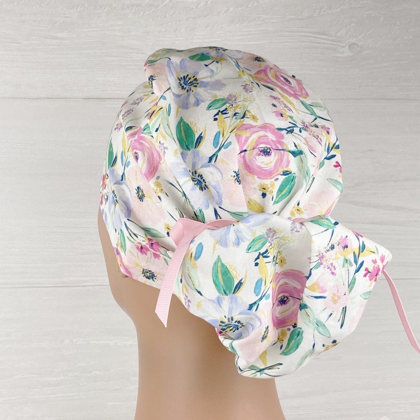 White Spring Floral Ponytail Scrub Hat